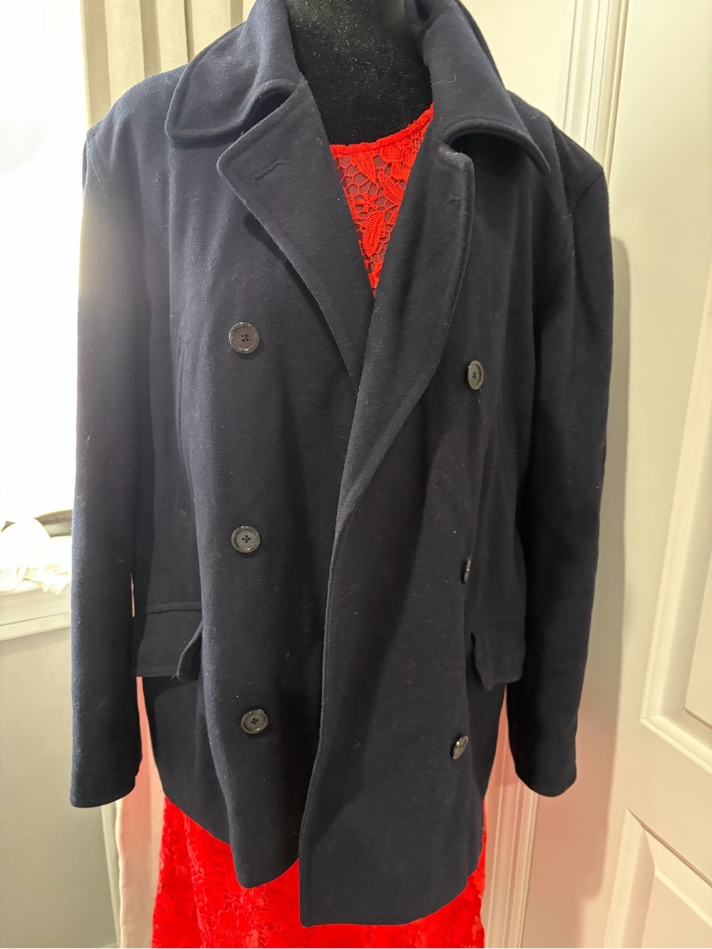 Womens Navy Double-Breasted Wool Peacoat